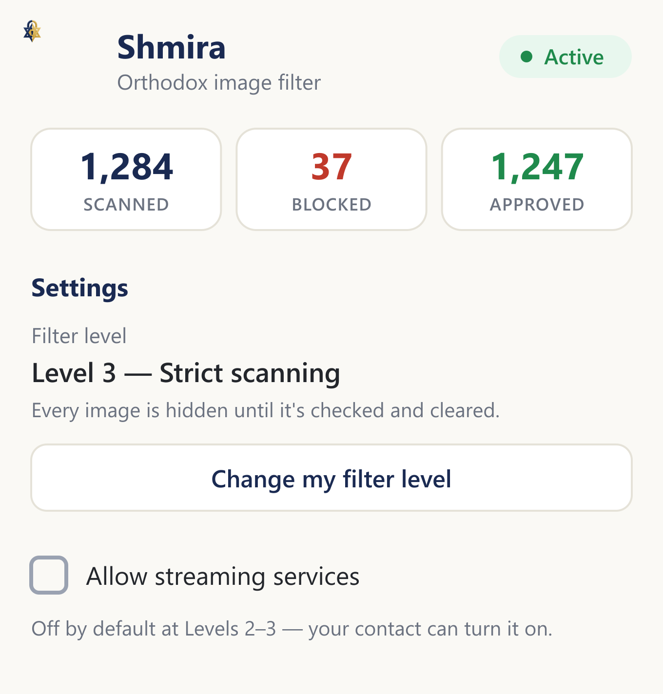 The Shmira extension popup, showing scan counts, the Level 3 filter setting, and streaming controls
